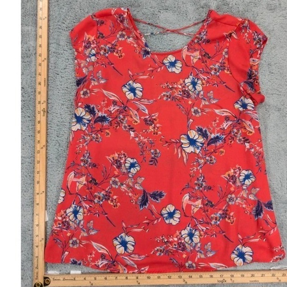 DR2 by Daniel Rainn Floral Flutter Sleeve Blouse Top Coral Red Blue Size Large
